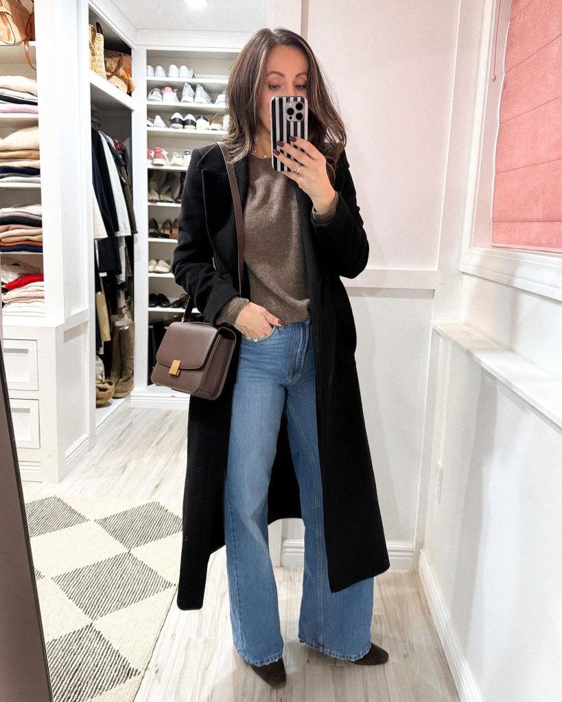 The Long Overcoat + Knit Sweater + Flare Jeans