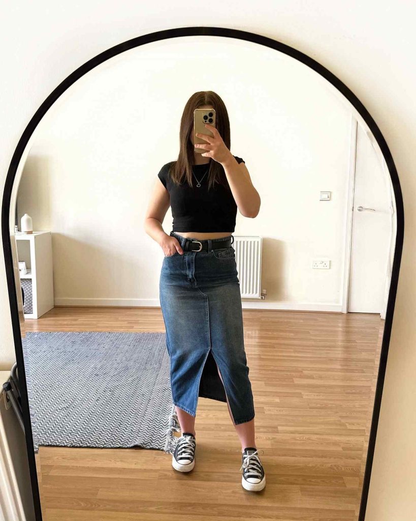  The Fitted Crop Top + Split Denim Maxi Skirt + Canvas Sneakers