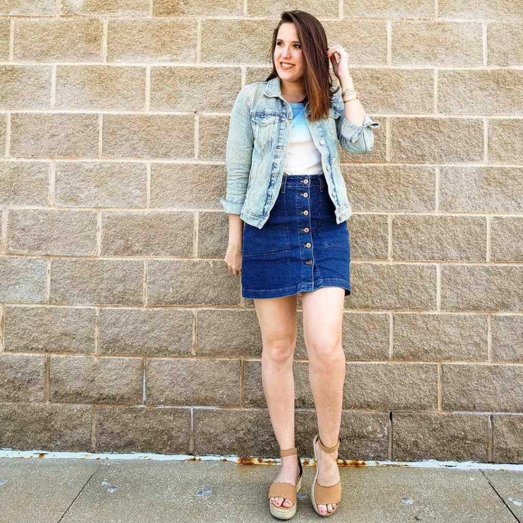 The Denim Jacket + Button-Down Mini Skirt + Wedge Sandals