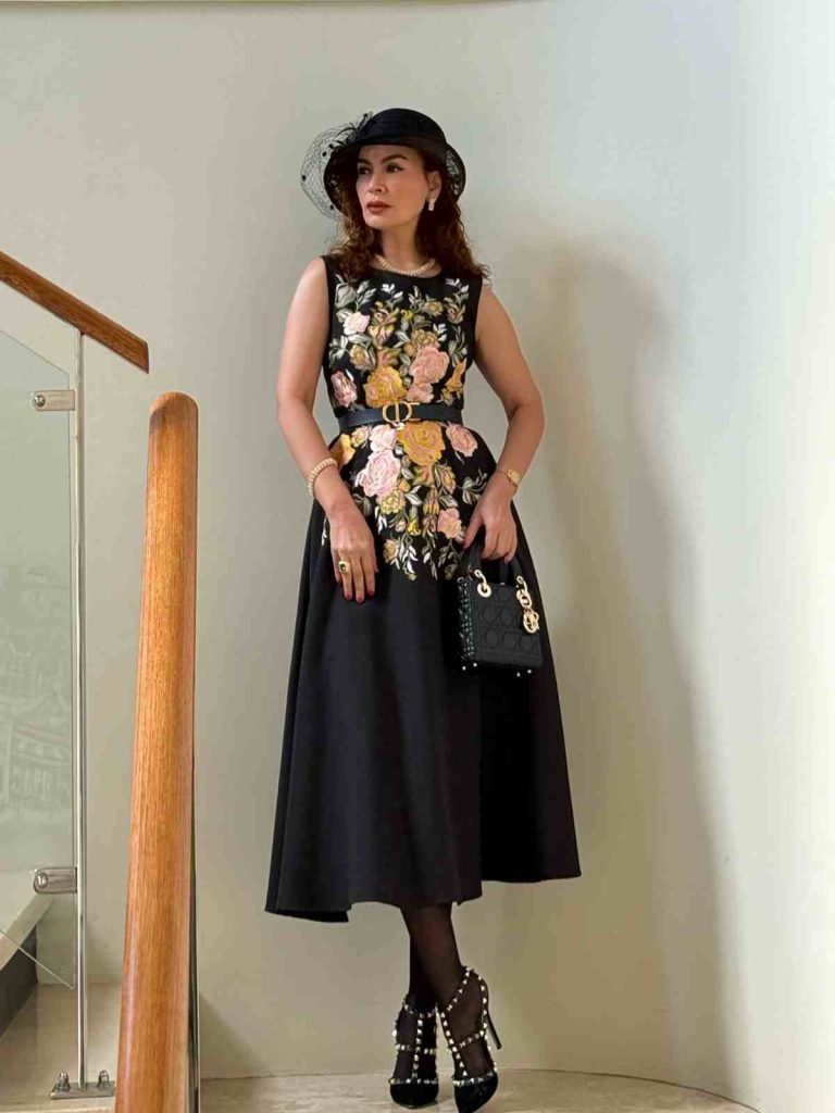 The Floral Embroidered A-Line + Fascinator + Studded Heels