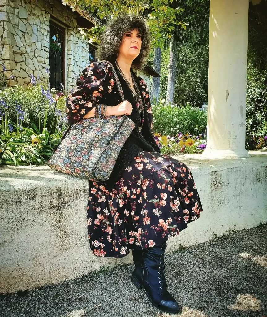 The Floral Tiered Dress + Knit Cardigan + Lace-up Boots