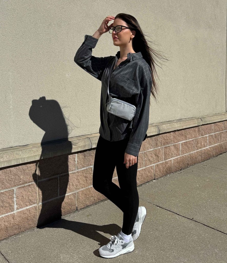  The Pinstripe Button-Down + Black Leggings + Dad Shoes