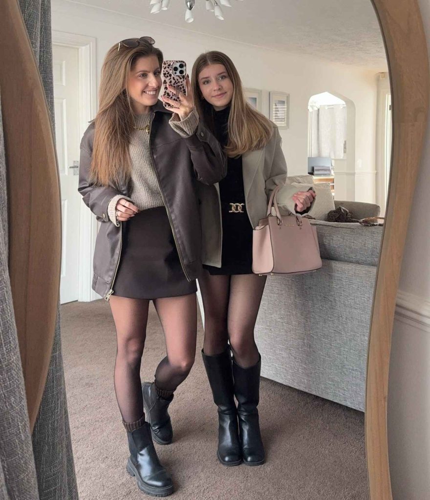  The Oversized Leather Jacket + Knit Sweater + Mini Skirt + Tights + Chelsea Boots