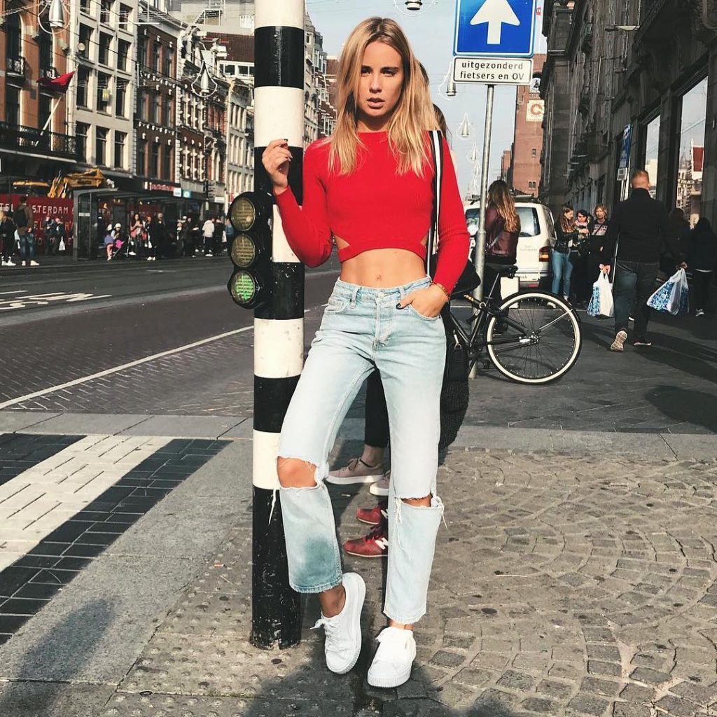 The Cut-Out Knit + Distressed Denim + White Sneakers