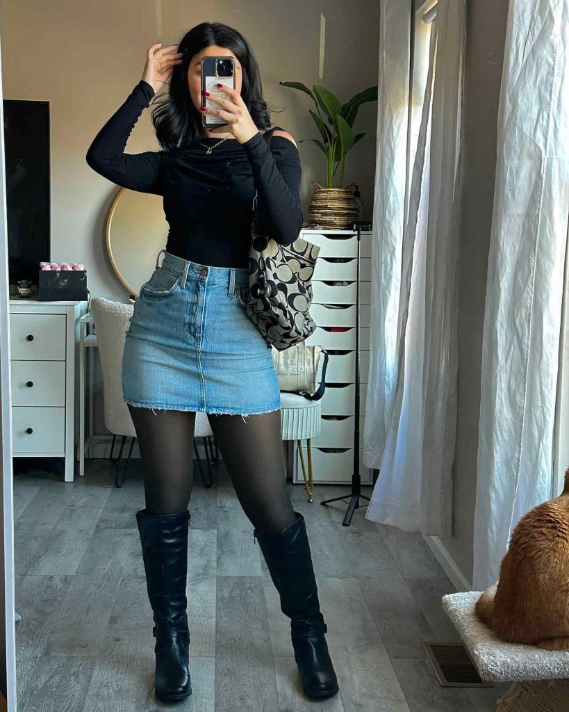 The Off-the-Shoulder Top + Raw-Hem Denim Skirt + Tall Boots