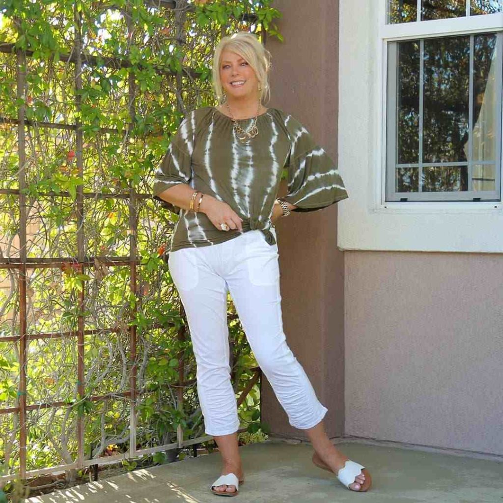  The Tie-Dye Blouse + Cropped Chinos + Slide Sandals