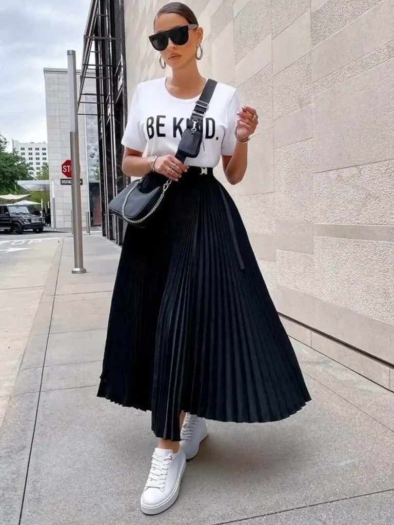 The Graphic Tee + Pleated Maxi Skirt + White Sneaker