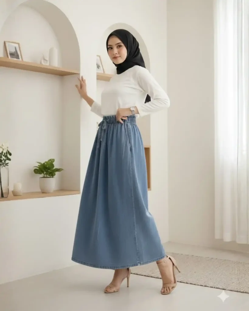  The Long Sleeve Tee + Denim Maxi + Heeled Sandals