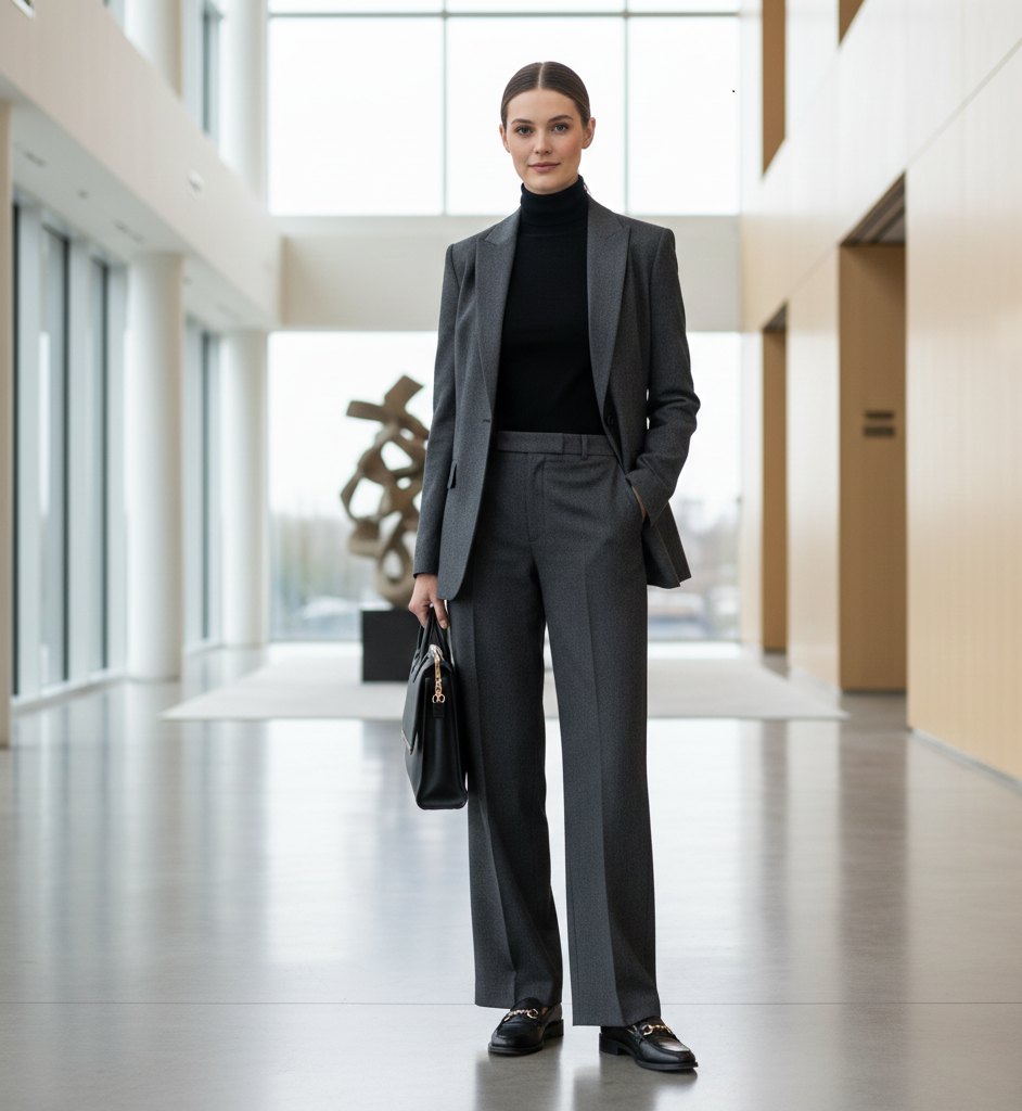Blazer Layered Over a Turtleneck + Trousers + Loafers