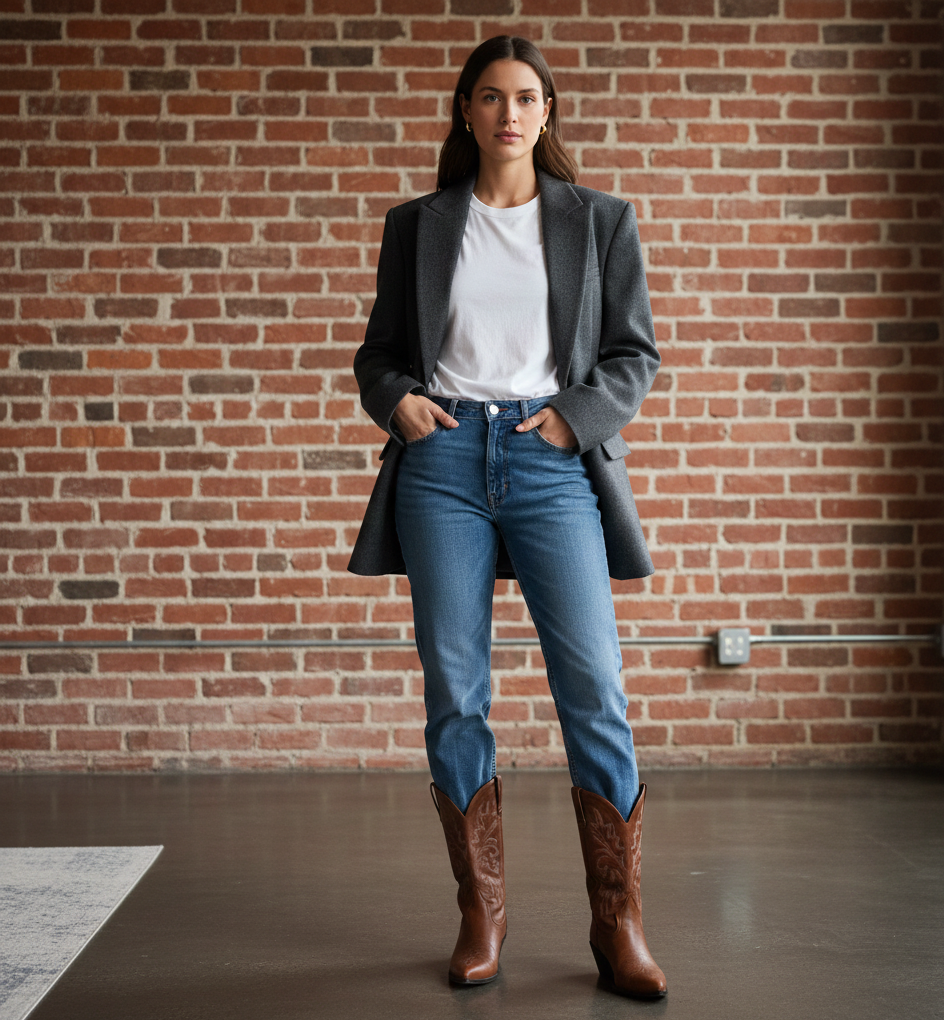 Blazer + White Tee + Denim + Statement Boots