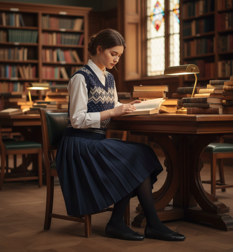 Button-Down + Sweater Vest + Midi Skirt + Tights