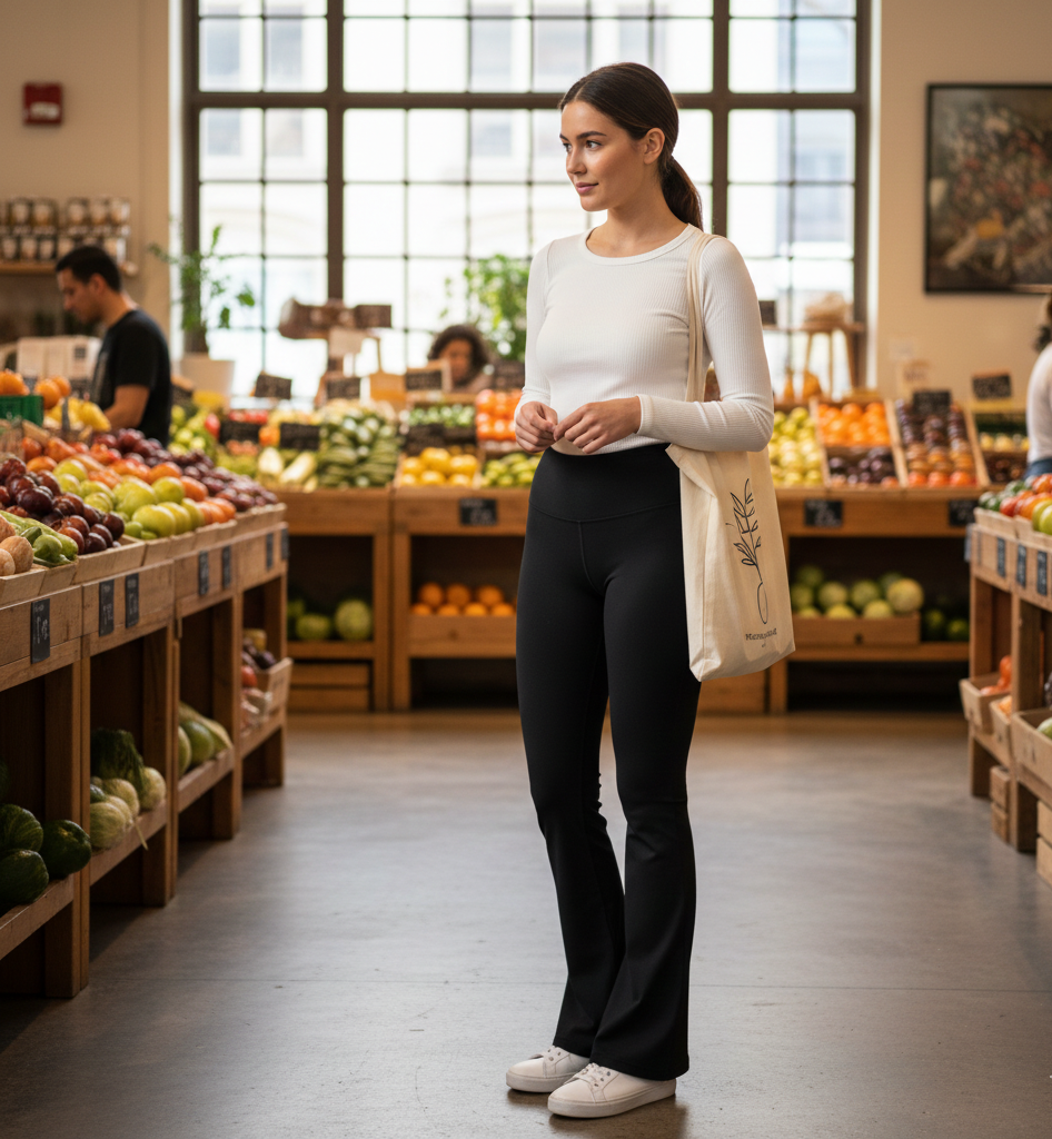 Casual White Long Sleeve Top + Black Flared Leggings + White Sneakers