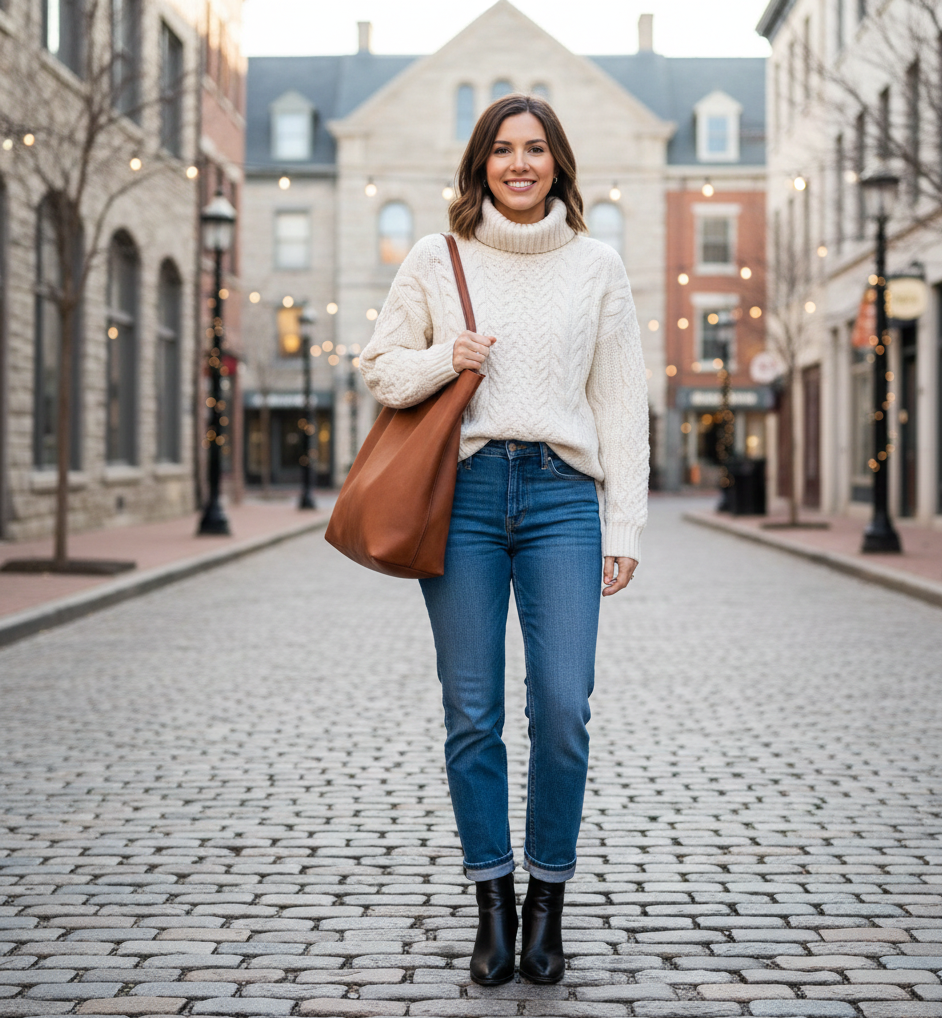 Chunky Knit Sweater + Straight-Leg Jeans + Ankle Boots
