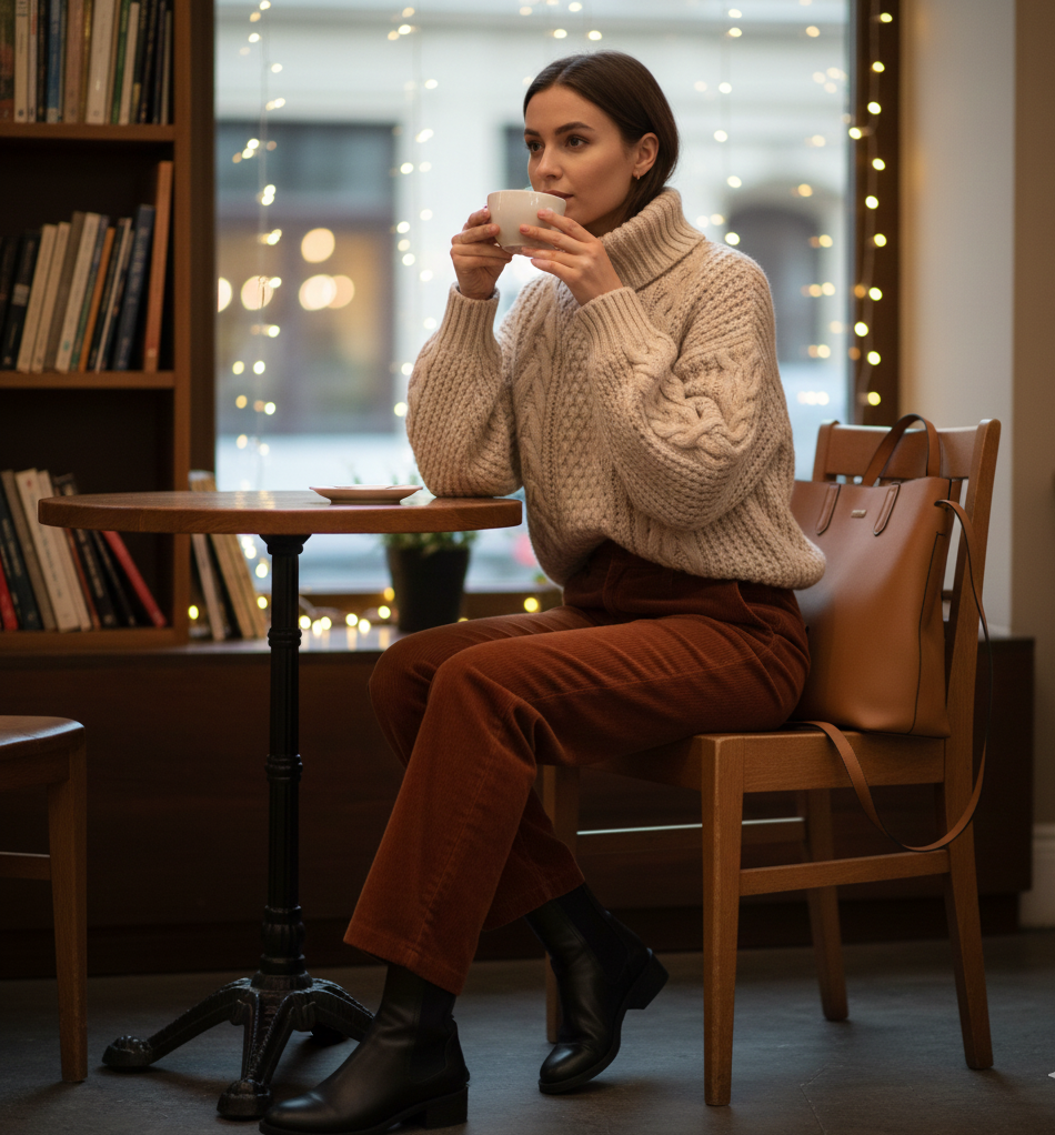 Chunky Knit Turtleneck + Straight-Leg Corduroys + Ankle Boots