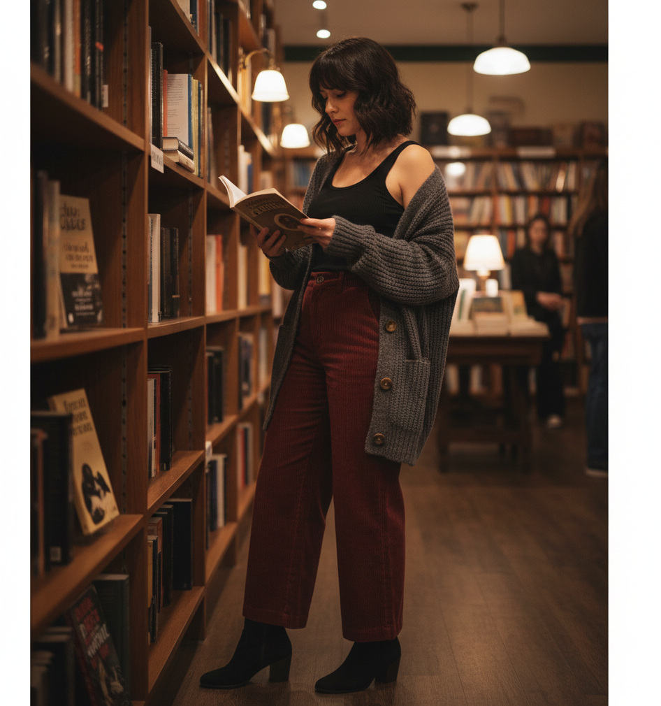 Corduroy Pants + Chunky Cardigan + Simple Tank + Booties