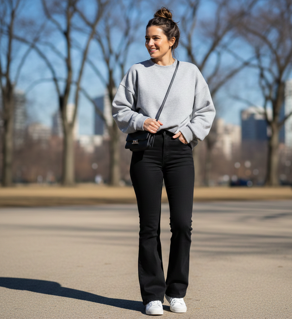 Cozy Grey Sweatshirt + Black Flared Jeans + White Sneakers