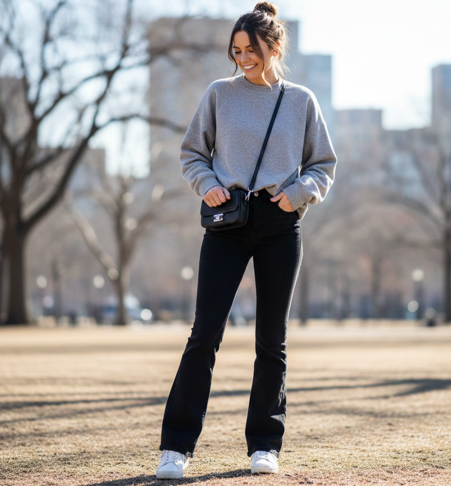Cozy Grey Sweatshirt + Black Flared Jeans + White Sneakers