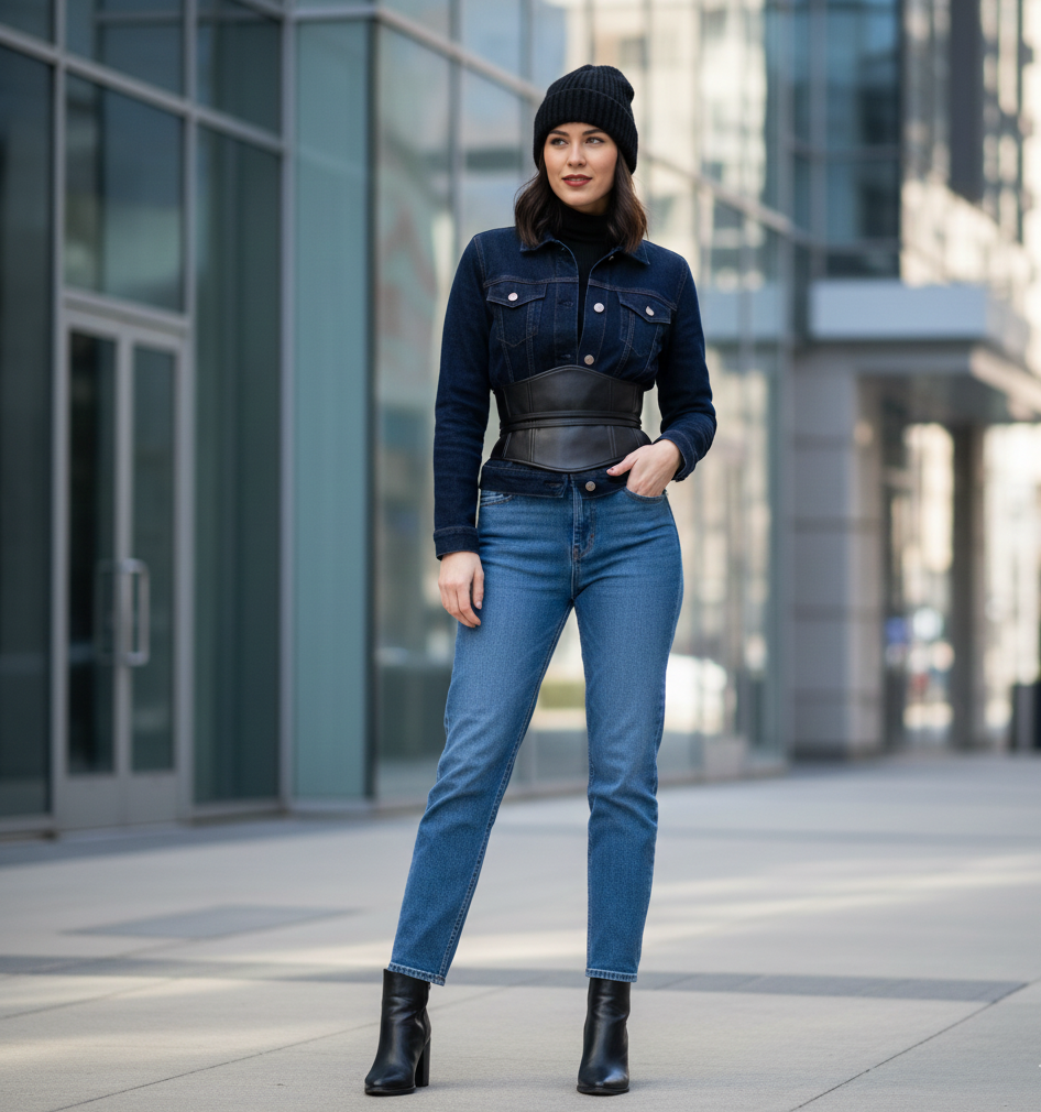 Denim-on-Denim + Corset Belt + Beanie