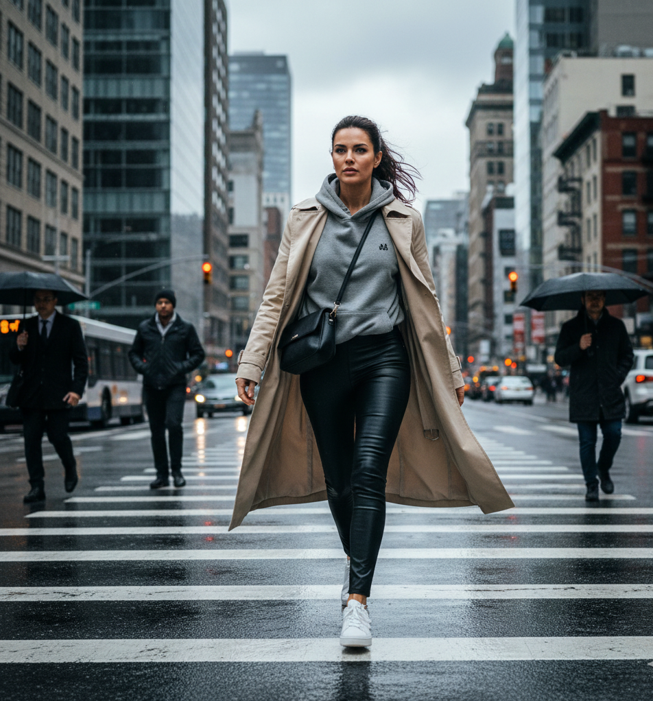 Faux Leather Leggings + Big Hoodie + Long Trench Coat