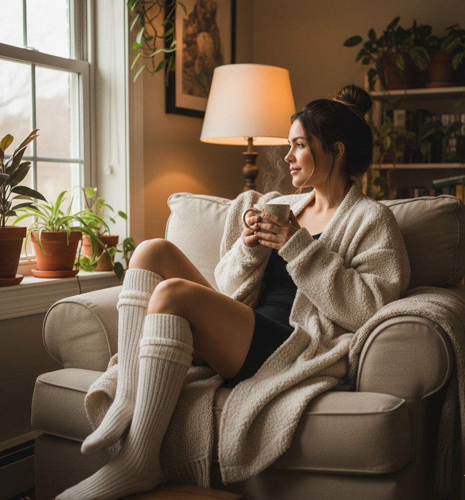 Fuzzy Cardigan + Biker Shorts + Knee-High Socks