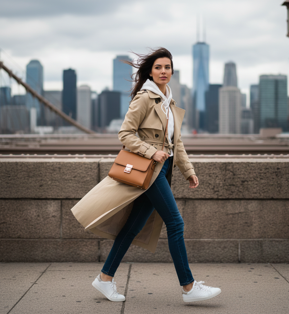 Hoodie + Trench Coat + Slim Jeans + White Sneakers