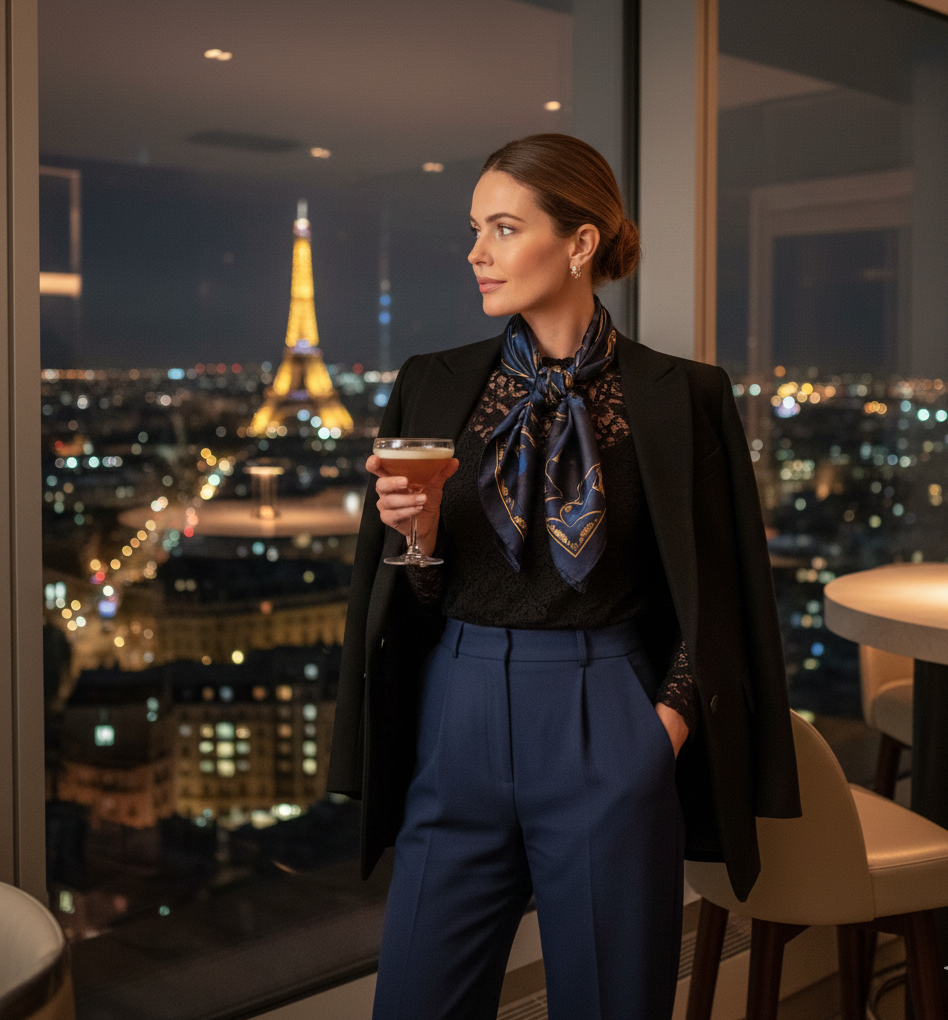 Lace Top + Tailored Trousers + Blazer & Scarf