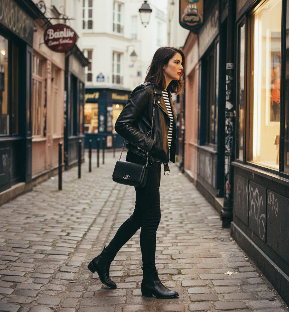 Leather Jacket + Striped Top + Black Jeans + Ankle Boots
