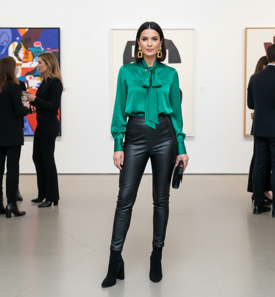 Leather Pants + Elegant Blouse + Statement Earrings + Heeled Booties