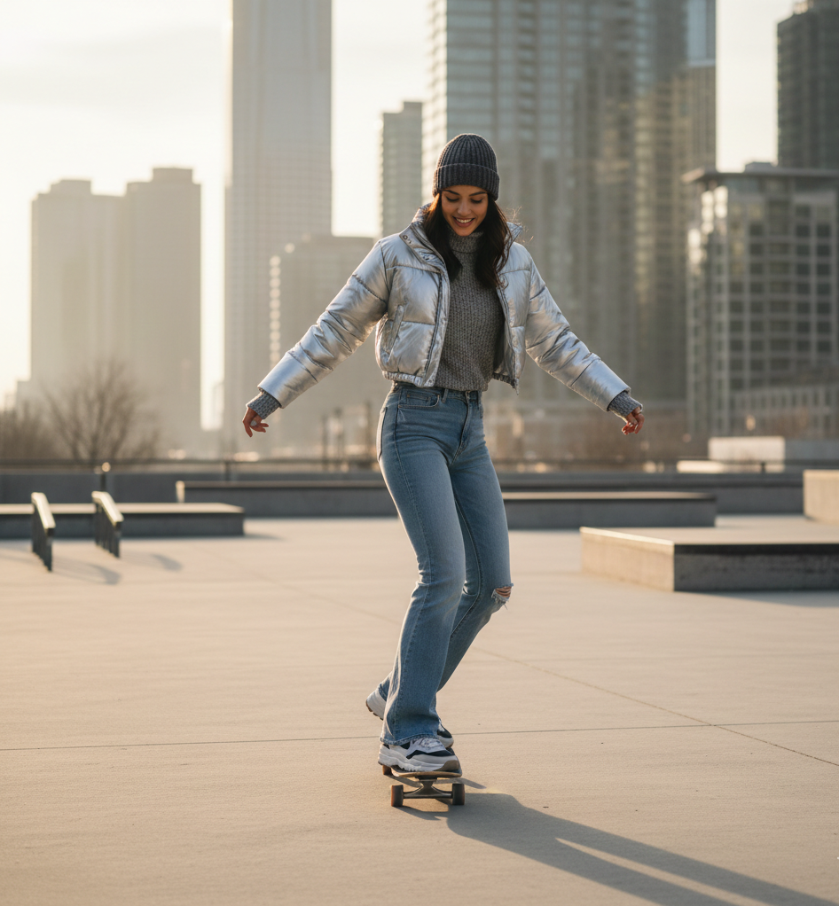 Low-Rise Flare Jeans & Cropped Puffer