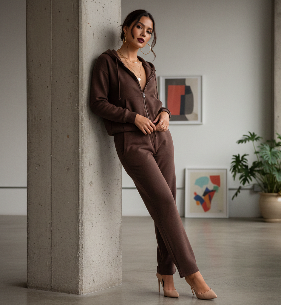  Matching Sweatsuit + Statement Heels + Chunky Jewelry