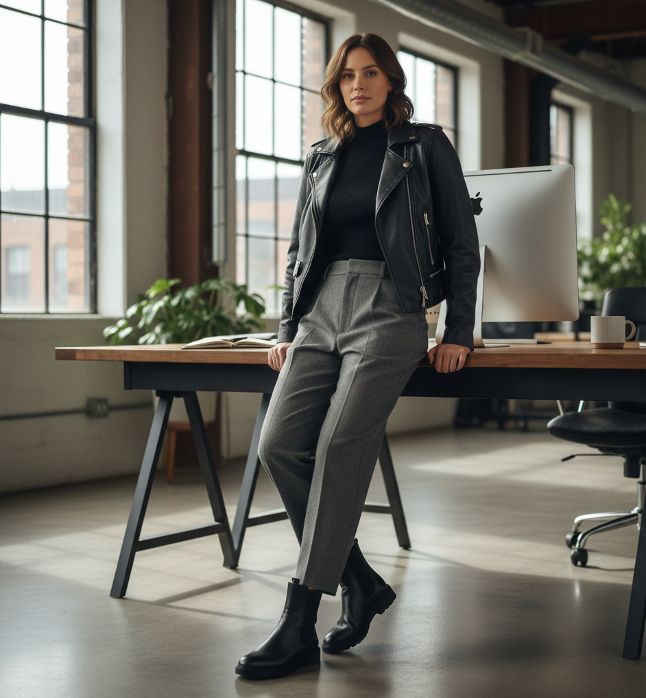 Mock Neck Sweater + Culottes + Leather Jacket + Chelsea Boots