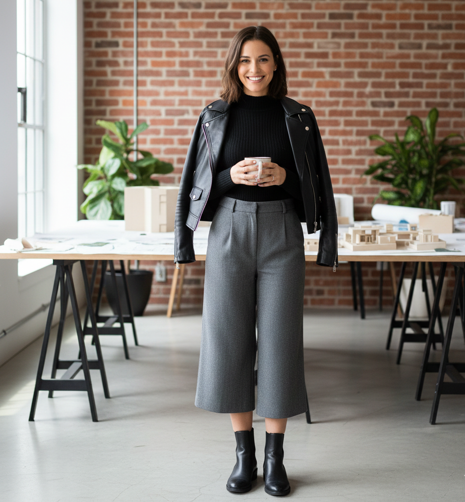 Mock Neck Sweater + Culottes + Leather Jacket
