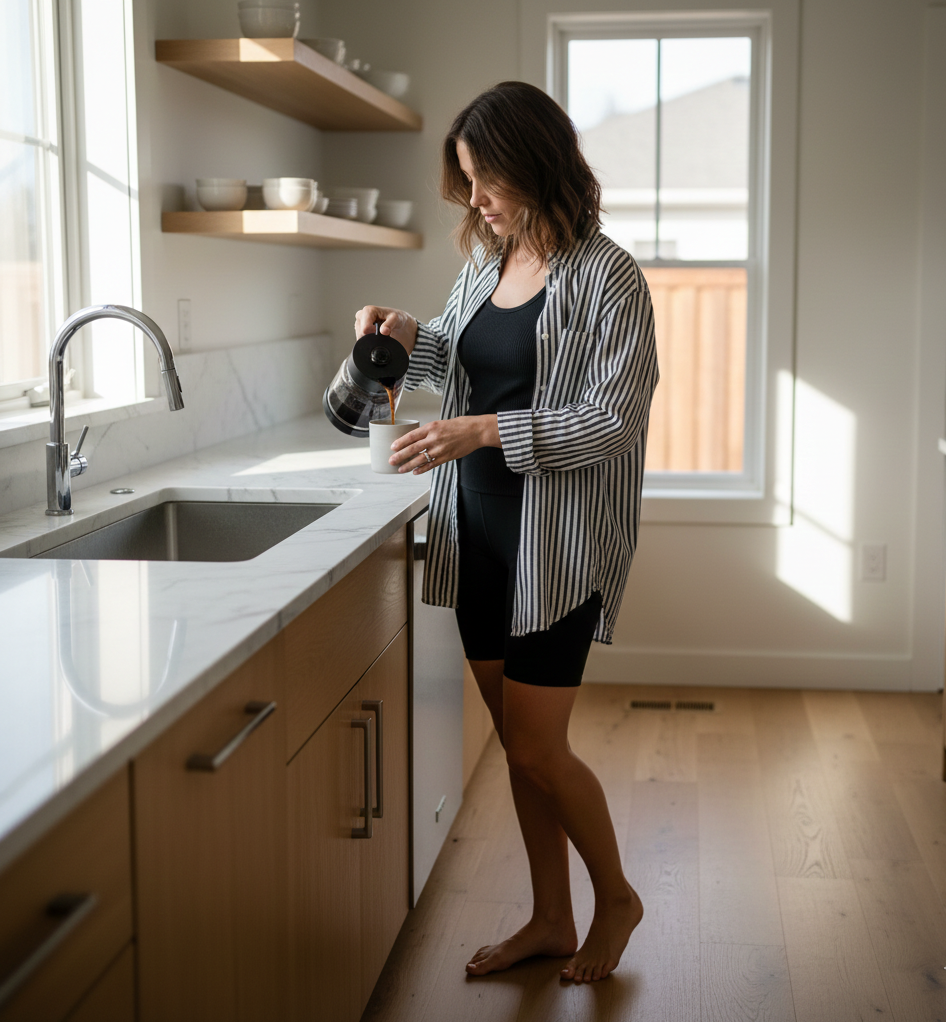 Oversized Button-Down + Biker Shorts + Bare Feet