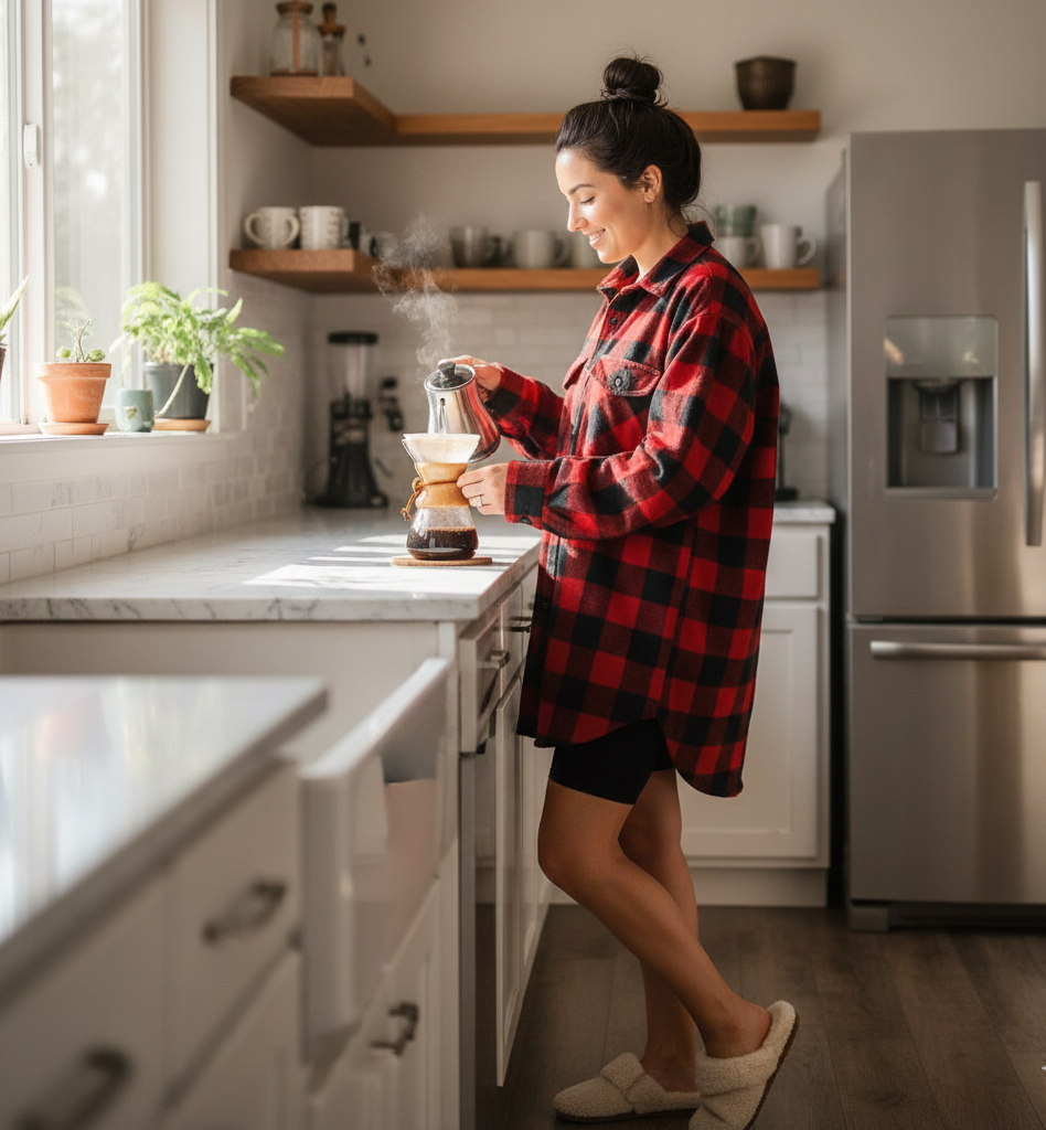 Oversized Flannel Shirt + Biker Shorts + Slip-On Slippers