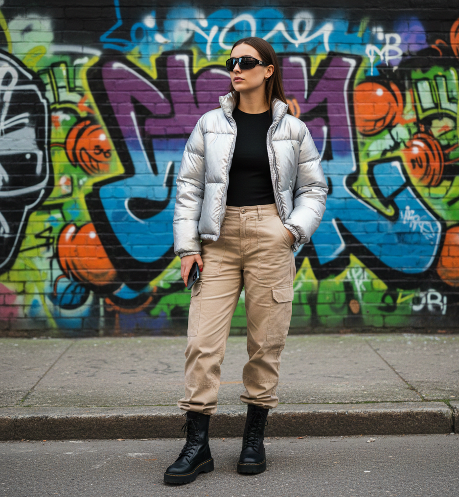 Oversized Puffer Jacket + Cargo Pants + Platform Boots