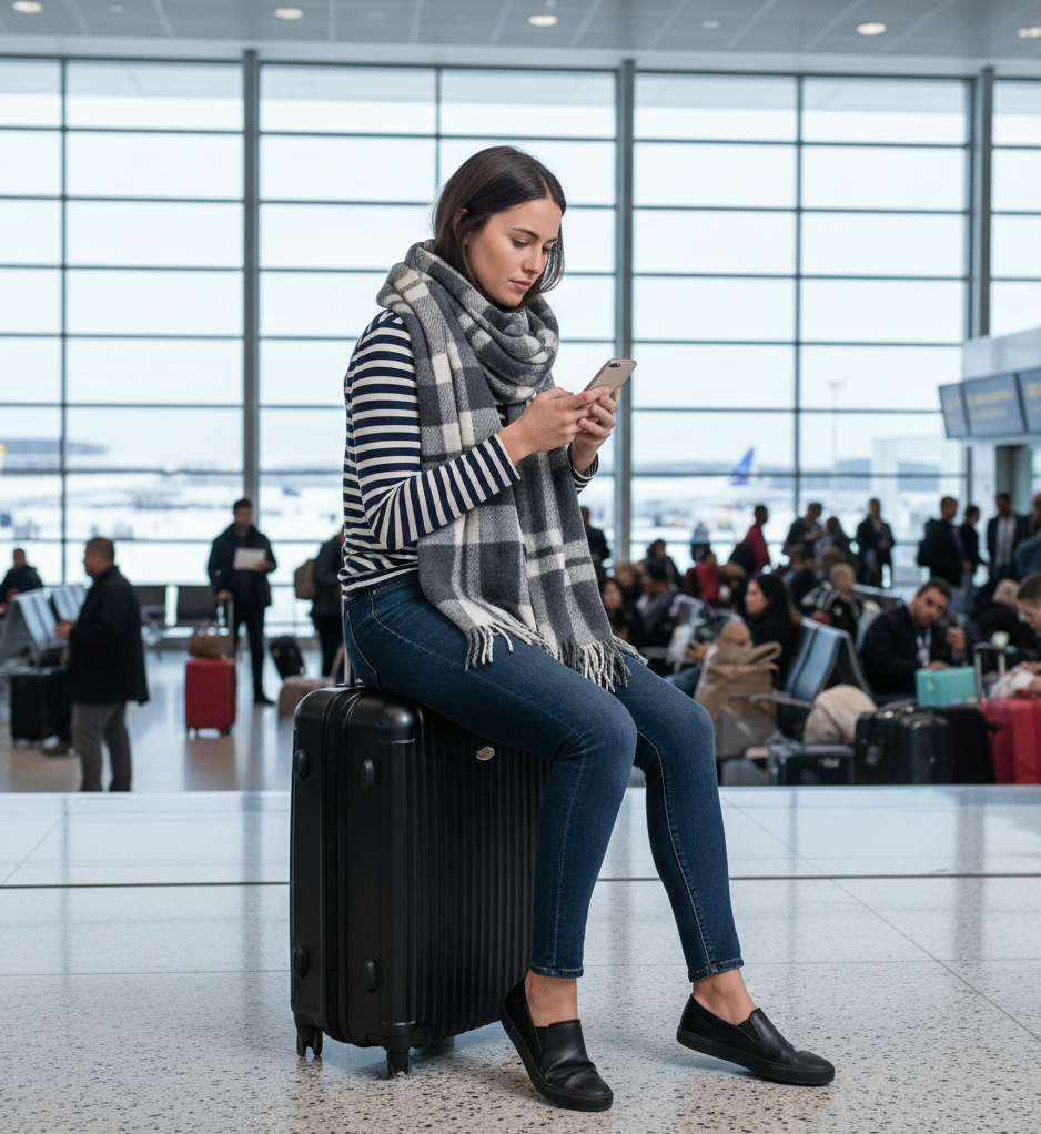 Oversized Scarf + Striped Tee + Jeans + Slip-On Sneakers