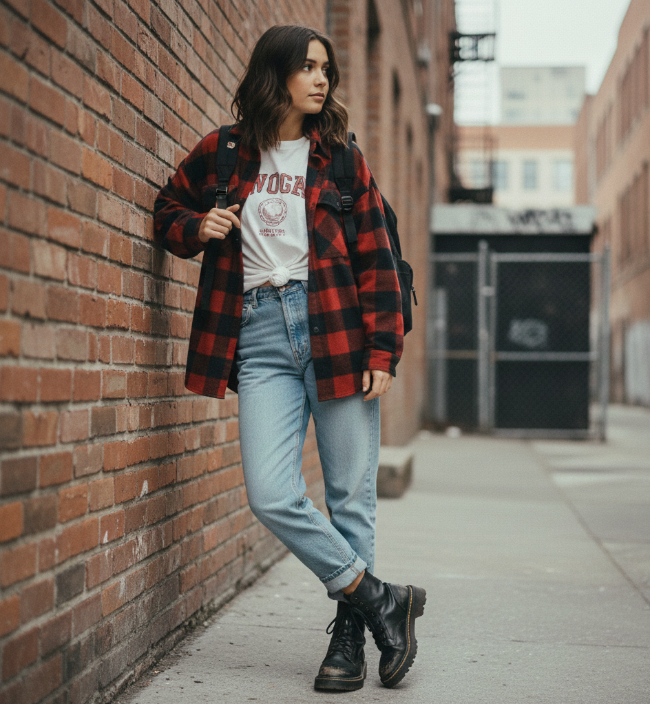 Plaid Shirt Jacket + Graphic Tee + Mom Jeans + Combat Boots