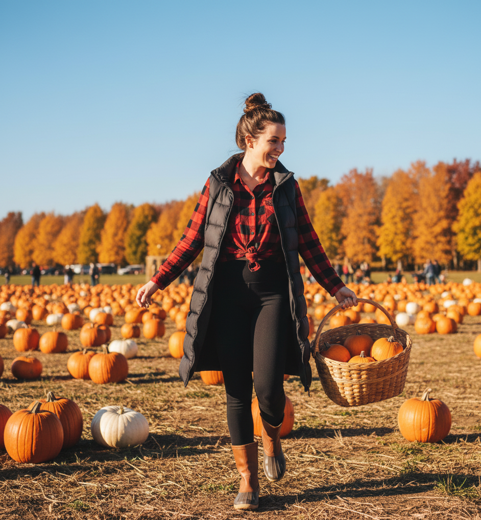 Puffer Vest + Flannel Shirt + Leggings + Bean Boots