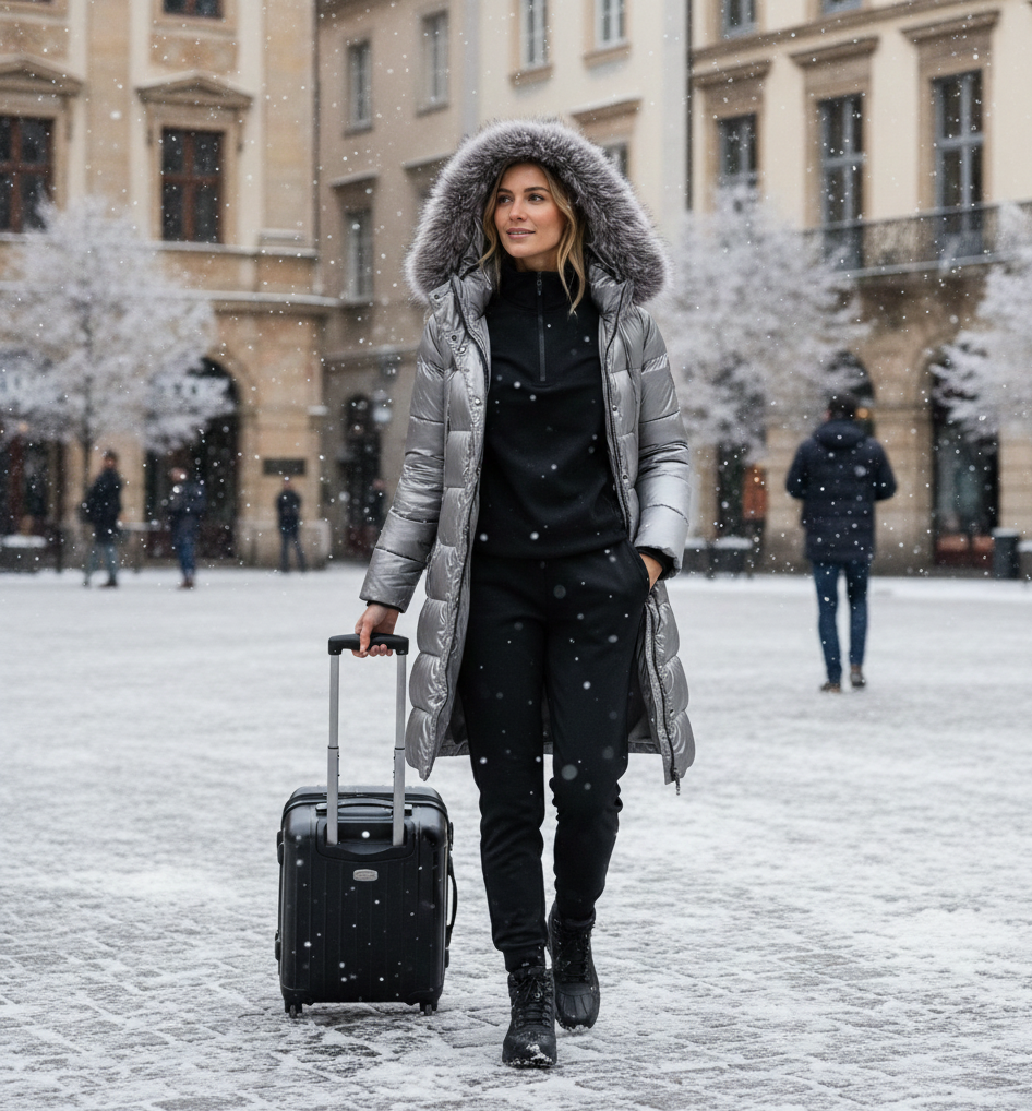 Quarter-Zip Sweatshirt + Track Pants + Parka + Boots