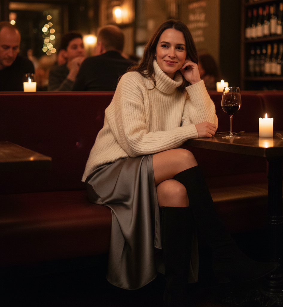 Satin Slip Skirt + Chunky Sweater + Knee-High Boots