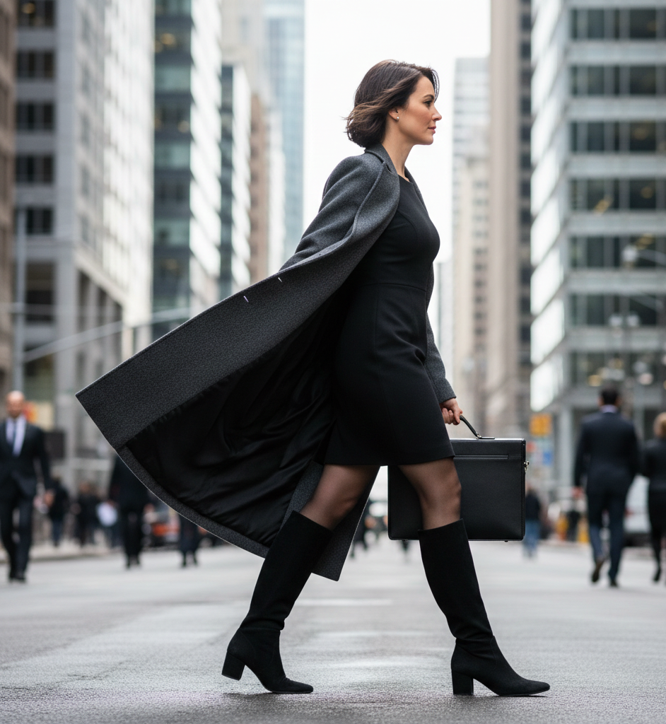 Sheath Dress + Tights + Knee-High Boots + Long Coat