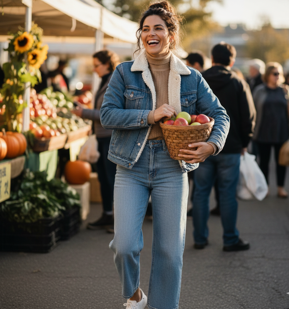 Sherpa-Lined Denim Jacket + Ribbed Turtleneck + Wide-Leg Jeans
