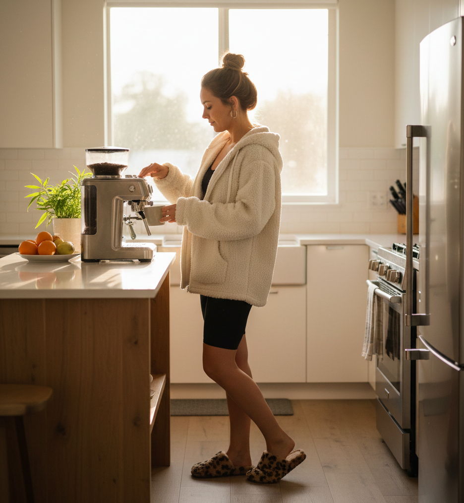 Sherpa-Lined Hoodie + Biker Shorts + Slip-Ons
