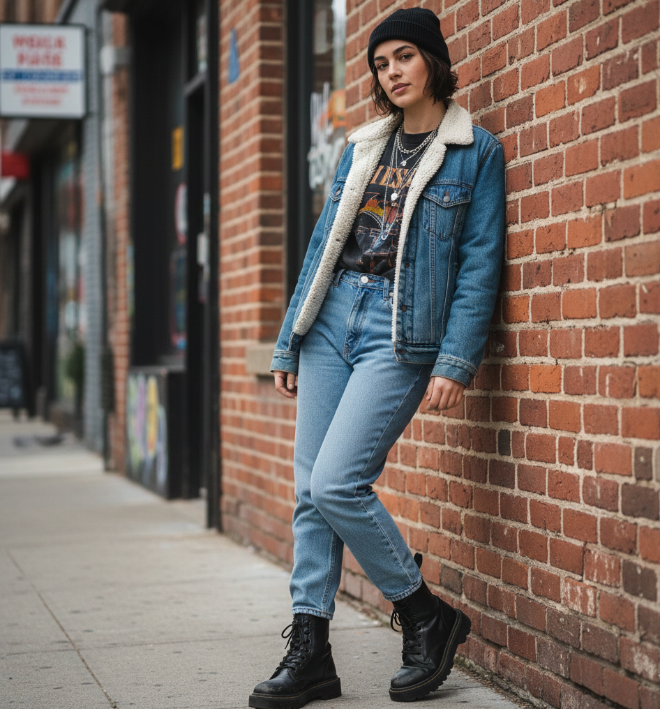  Sherpa Trucker Jacket + Graphic Tee + Mom Jeans + Combat Boots
