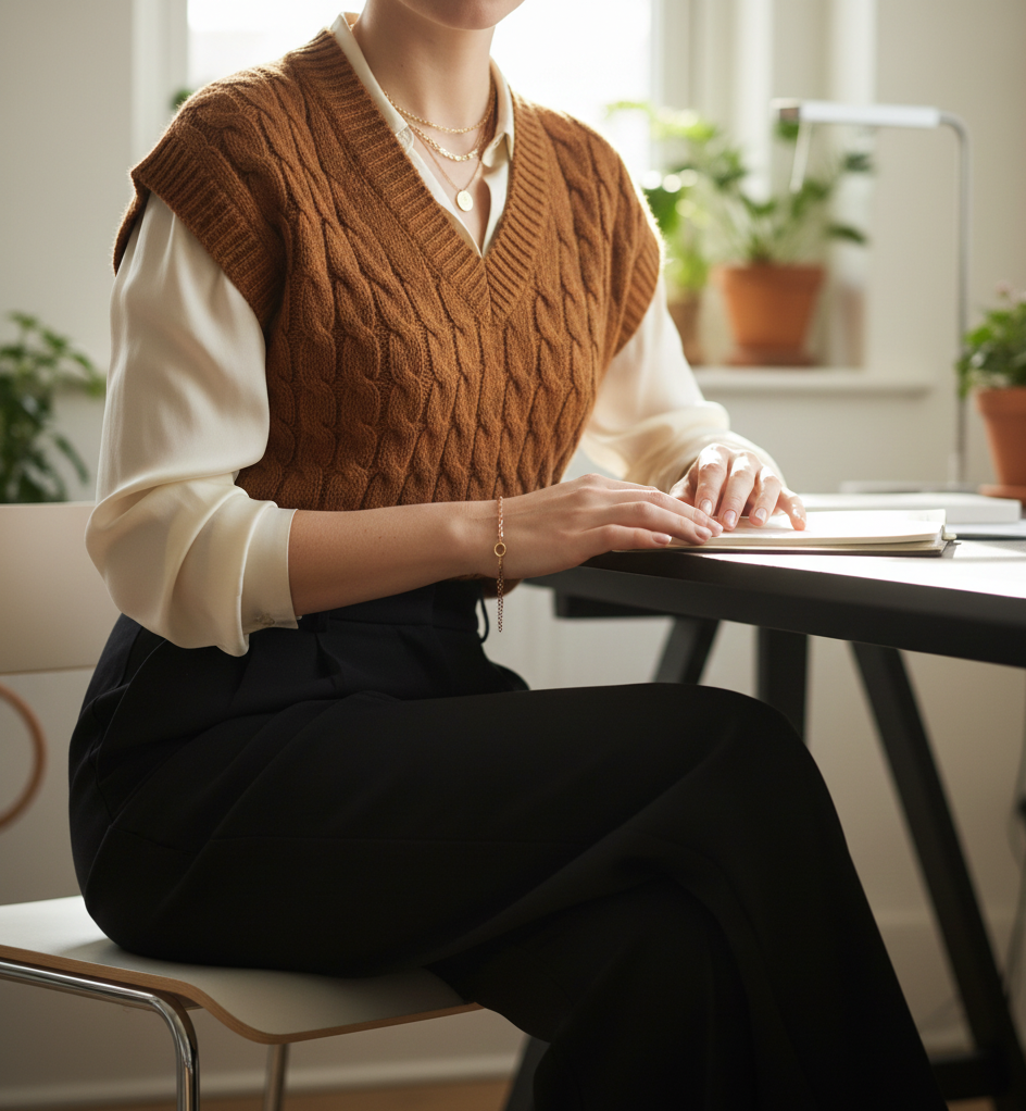 Silk Blouse + Cashmere Sweater Vest + Wide-Leg Pants