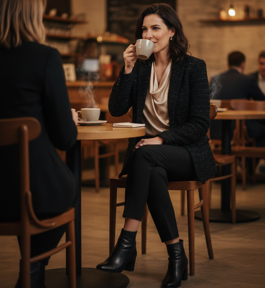 Silk Blouse + Tweed Blazer + Slim Pants + Heeled Booties