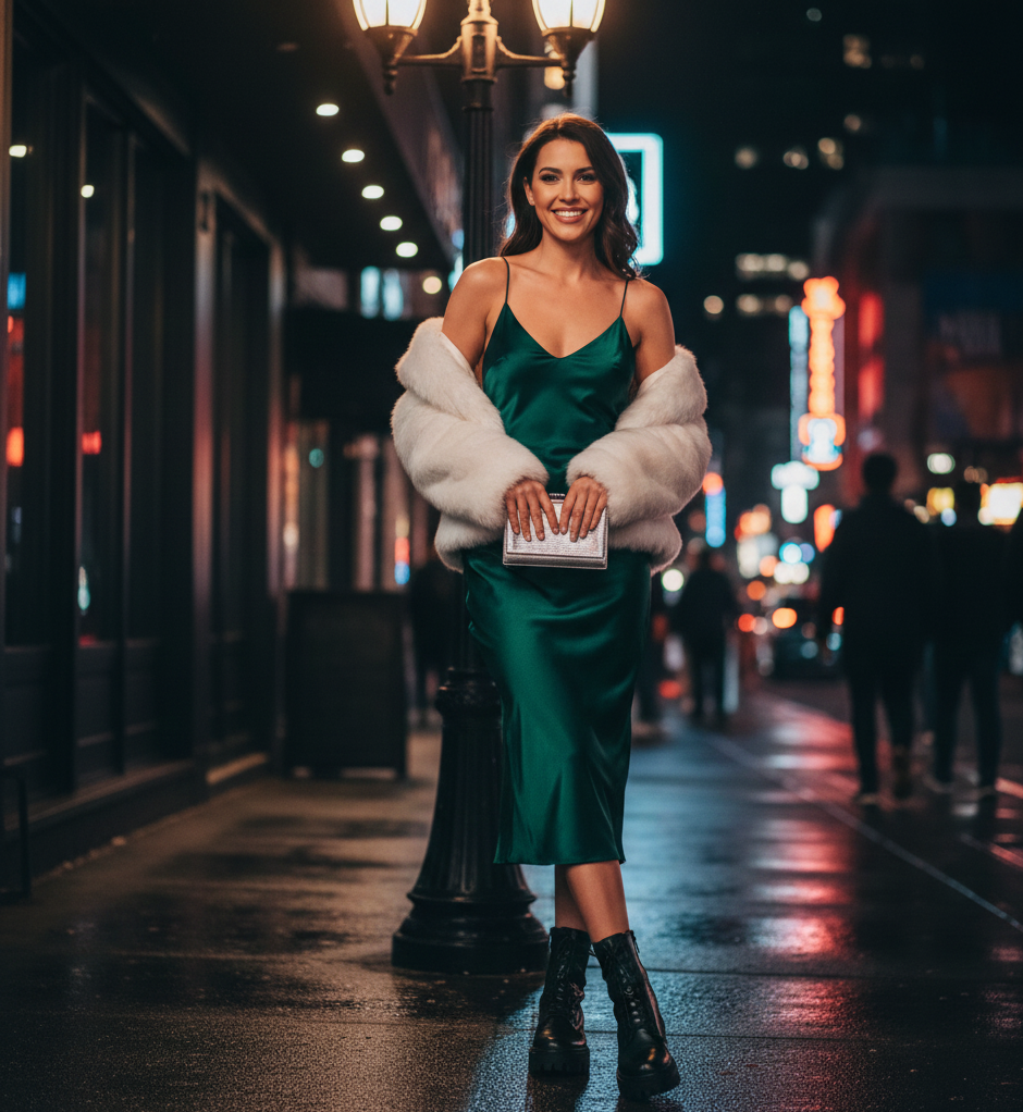 Slip Dress + Chunky Boots + Fur Coat