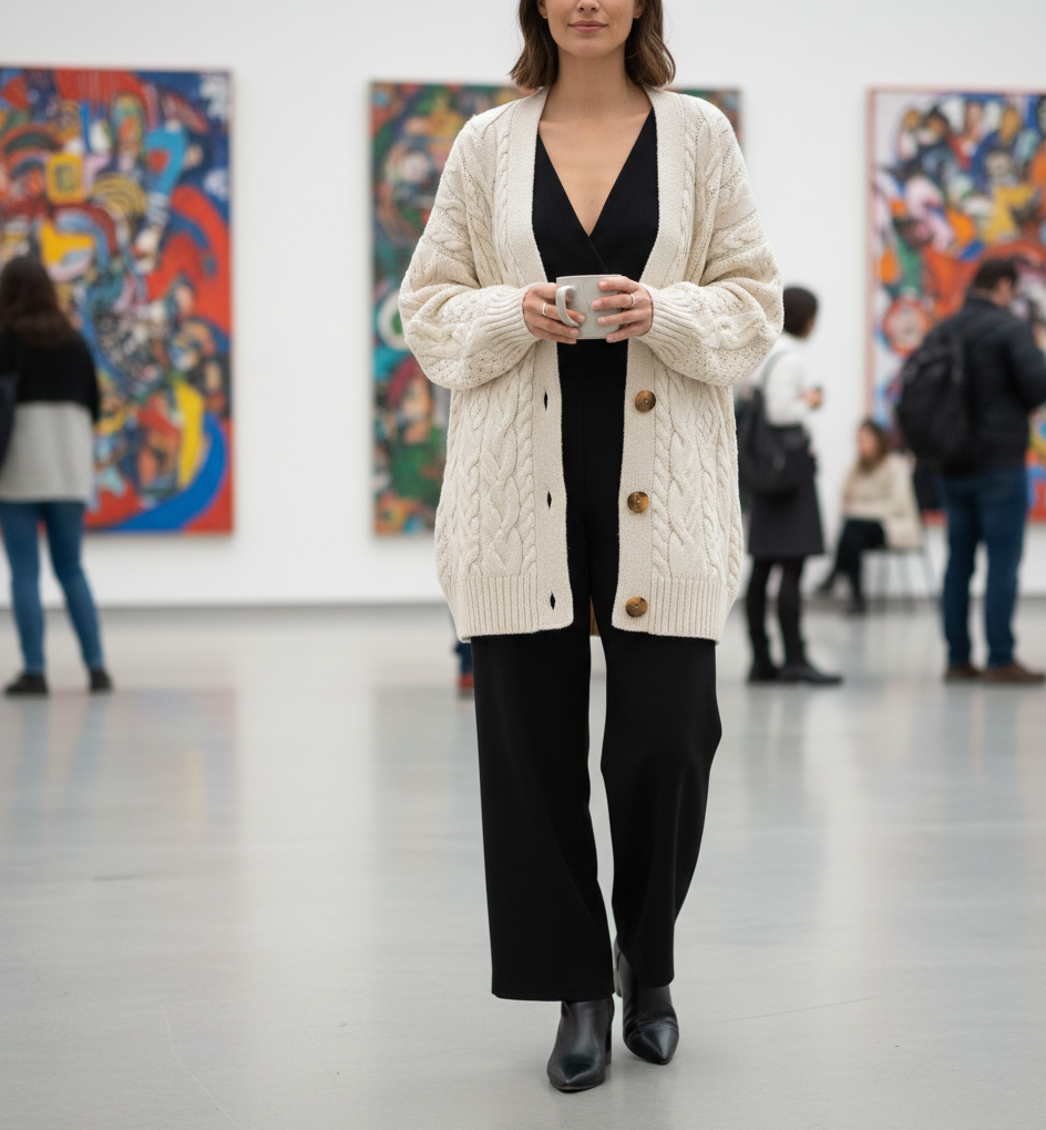 Tailored Jumpsuit + Chunky Cardigan + Ankle Boots