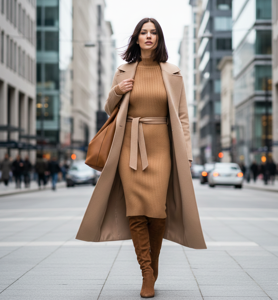 The Sweater Dress + Over-the-Knee Boots + Belted Coat