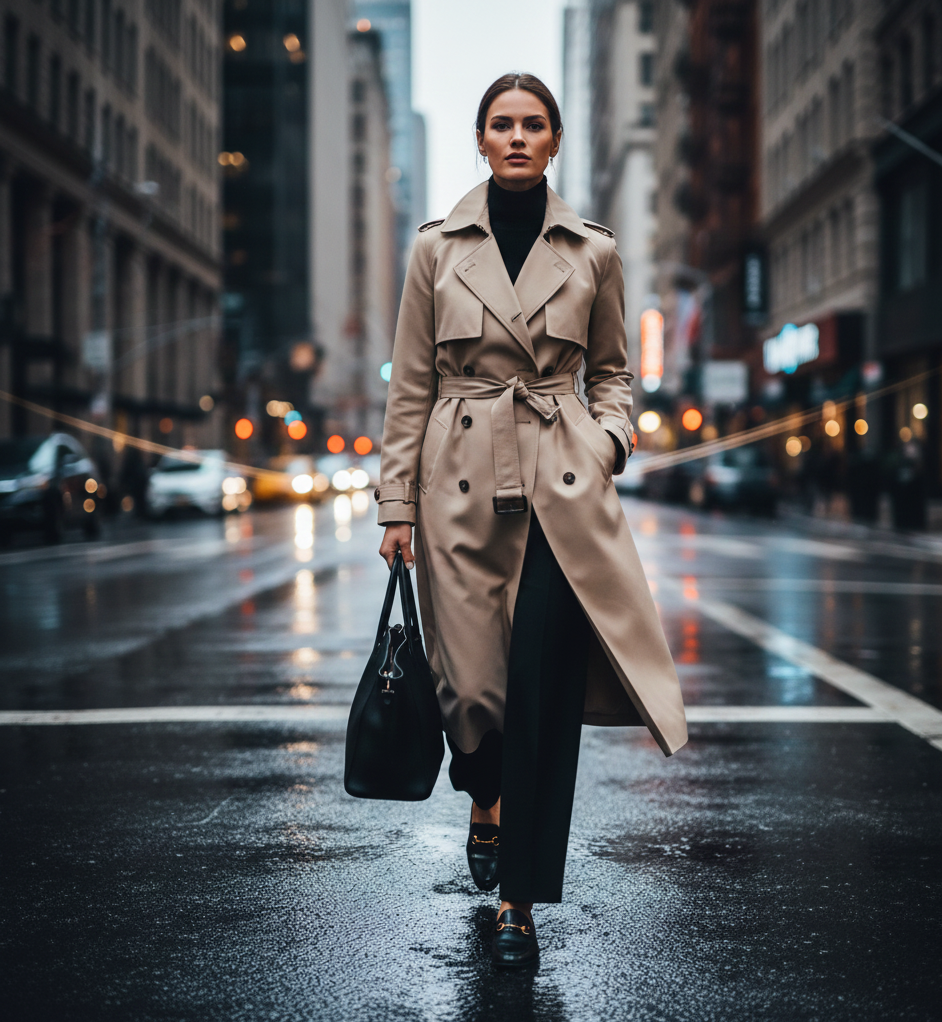 Trench Coat + Turtleneck + Trousers + Loafers